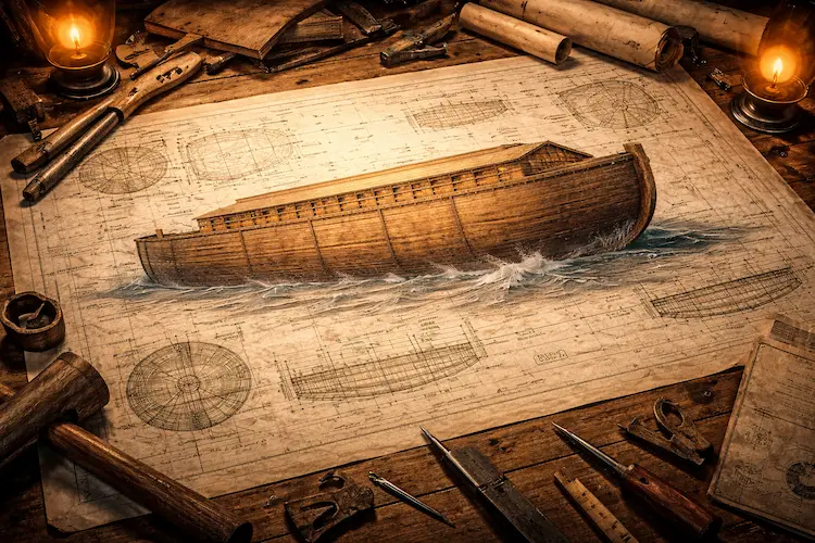 Projeto ilustrativo da Arca de Noé com proporções bíblicas e esquema estrutural em madeira