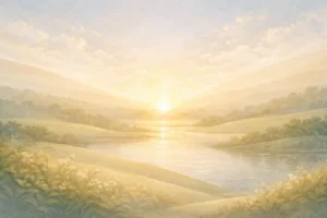 Ilustração abstrata suave representando harmonia e conclusão da criação em Gênesis 1:31, com formas equilibradas e atmosfera serena.