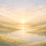 Paisagem abstrata e serena simbolizando a conclusão harmoniosa da criação divina.