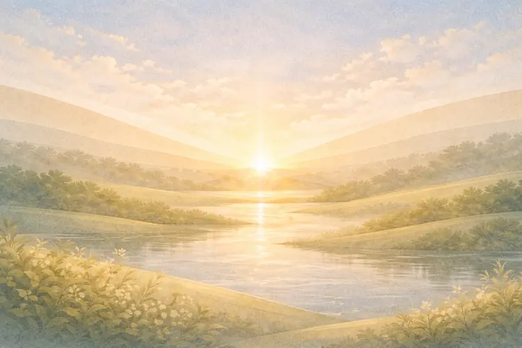 Paisagem abstrata e serena simbolizando a conclusão harmoniosa da criação divina.