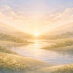 Ilustração abstrata e serena representando o encerramento harmonioso da criação, com luz suave surgindo sobre uma paisagem tranquila.