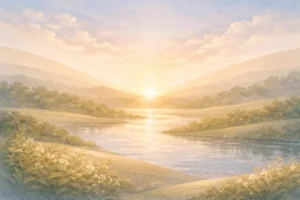 Ilustração abstrata e serena representando o encerramento harmonioso da criação, com luz suave surgindo sobre uma paisagem tranquila.