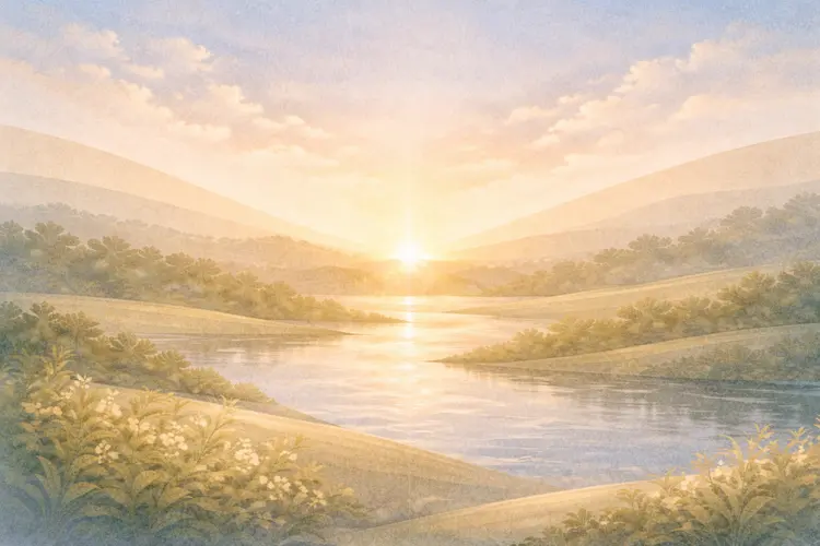 Ilustração abstrata e serena representando o encerramento harmonioso da criação, com luz suave surgindo sobre uma paisagem tranquila.