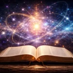 Bíblia aberta em primeiro plano com elementos visuais abstratos que representam conceitos da computação quântica e da ciência moderna.