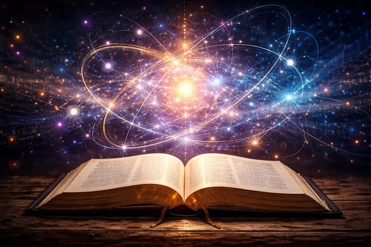 Bíblia aberta em primeiro plano com elementos visuais abstratos que representam conceitos da computação quântica e da ciência moderna.