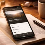 Smartphone com aplicativo da Bíblia aberto sobre uma Bíblia impressa em mesa de madeira com luz quente e ambiente de devoção.