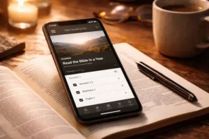 Smartphone com aplicativo da Bíblia aberto sobre uma Bíblia impressa em mesa de madeira com luz quente e ambiente de devoção.