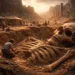 Escavação arqueológica em região desértica mostrando esqueleto humano de grandes proporções sendo analisado por pesquisadores.