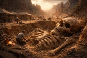 Escavação arqueológica em região desértica mostrando esqueleto humano de grandes proporções sendo analisado por pesquisadores.