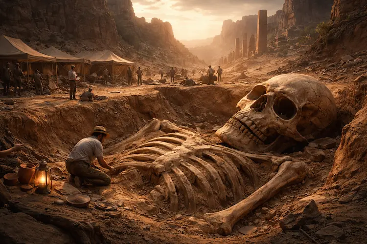 Escavação arqueológica em região desértica mostrando esqueleto humano de grandes proporções sendo analisado por pesquisadores.