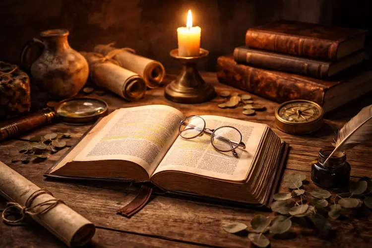 Estudo bíblico com Bíblia aberta sobre mesa rústica iluminada por vela, cercada por livros antigos e objetos históricos