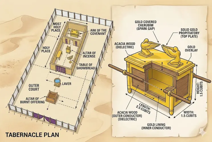 Diagrama técnico e planta baixa do Tabernáculo de Moisés e da Arca da Aliança conforme descrito no Êxodo. A imagem mostra a Arca como um capacitor de ouro e madeira de acácia com medidas bíblicas e os querubins como centelhadores, ao lado da planta do acampamento e do Santo dos Santos.