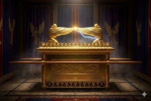 A Arca da Aliança dourada no interior do Santo dos Santos do Tabernáculo, com descarga elétrica azul entre as asas dos querubins, ilustrando um capacitor bíblico de alta voltagem e o projeto perfeito descrito no Êxodo.