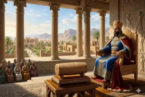 Majestosa cena histórica mostrando o Rei Ciro, o Grande, sentado em seu trono persa e o Cilindro de Ciro com inscrições em cuneiforme.