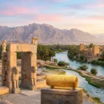 Uma vista panorâmica ao amanhecer das ruínas de um antigo palácio persa, com colunas encimadas por touros, às margens de um rio turquesa. Ao fundo, uma vila de adobe e montanhas imponentes. Em primeiro plano, o Cilindro de Ciro repousa sobre um pedestal de pedra.