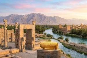 Uma vista panorâmica ao amanhecer das ruínas de um antigo palácio persa, com colunas encimadas por touros, às margens de um rio turquesa. Ao fundo, uma vila de adobe e montanhas imponentes. Em primeiro plano, o Cilindro de Ciro repousa sobre um pedestal de pedra.