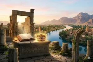 Ruínas arqueológicas do Palácio de Susã no Irã moderno com as bases das colunas monumentais e touros alados.