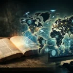 Uma Bíblia antiga aberta sobre uma mesa de madeira com uma vela acesa, integrada a um mapa-múndi digital que exibe ícones de vigilância global, satélites, reconhecimento facial e biometria, ilustrando como a Bíblia previu a vigilância global?