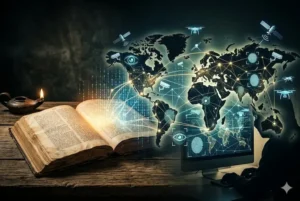 Uma Bíblia antiga aberta sobre uma mesa de madeira com uma vela acesa, integrada a um mapa-múndi digital que exibe ícones de vigilância global, satélites, reconhecimento facial e biometria, ilustrando como a Bíblia previu a vigilância global?