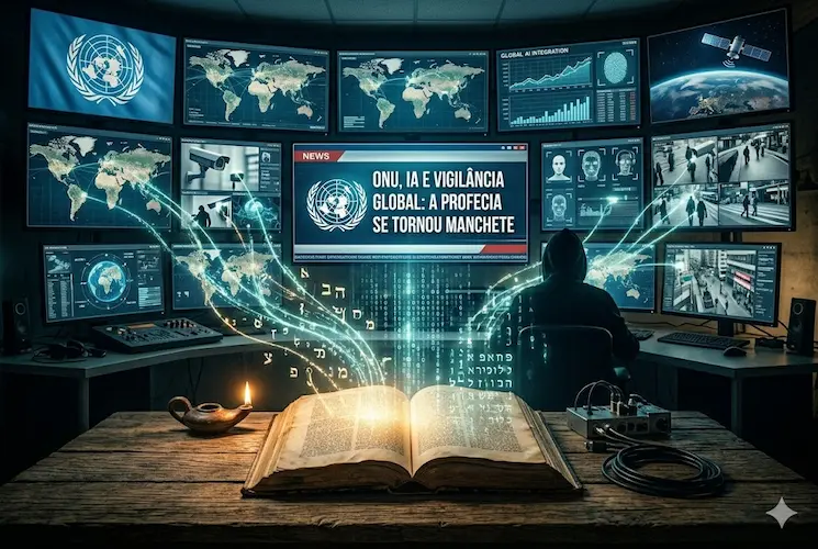 Silhueta de um operador diante de monitores que mostram mapas de IA, biometria e satélites. Em primeiro plano, uma Bíblia antiga aberta com texto hebraico e uma vela estão sobre uma mesa, simbolizando como a Bíblia previu a vigilância global. A tela central tem o texto "ONU, IA E VIGILÂNCIA GLOBAL: A PROFECIA SE TORNOU MANCHETE".
