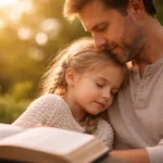 Pai abraçando filha em momento de cuidado e proteção, representando o amor paterno que dialoga com valores bíblicos universais