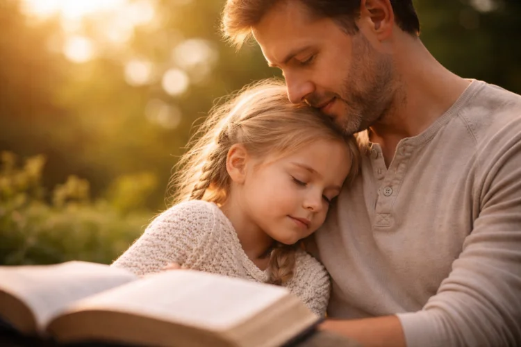 Pai abraçando filha em momento de cuidado e proteção, representando o amor paterno que dialoga com valores bíblicos universais