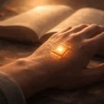 Mão humana com símbolo tecnológico luminoso sobre a pele diante de um texto antigo, representando a reflexão bíblica sobre a marca da besta e o Apocalipse 13