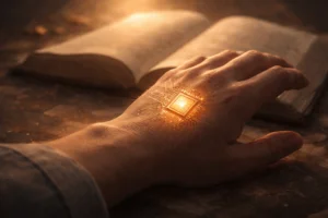 Mão humana com símbolo tecnológico luminoso sobre a pele diante de um texto antigo, representando a reflexão bíblica sobre a marca da besta e o Apocalipse 13