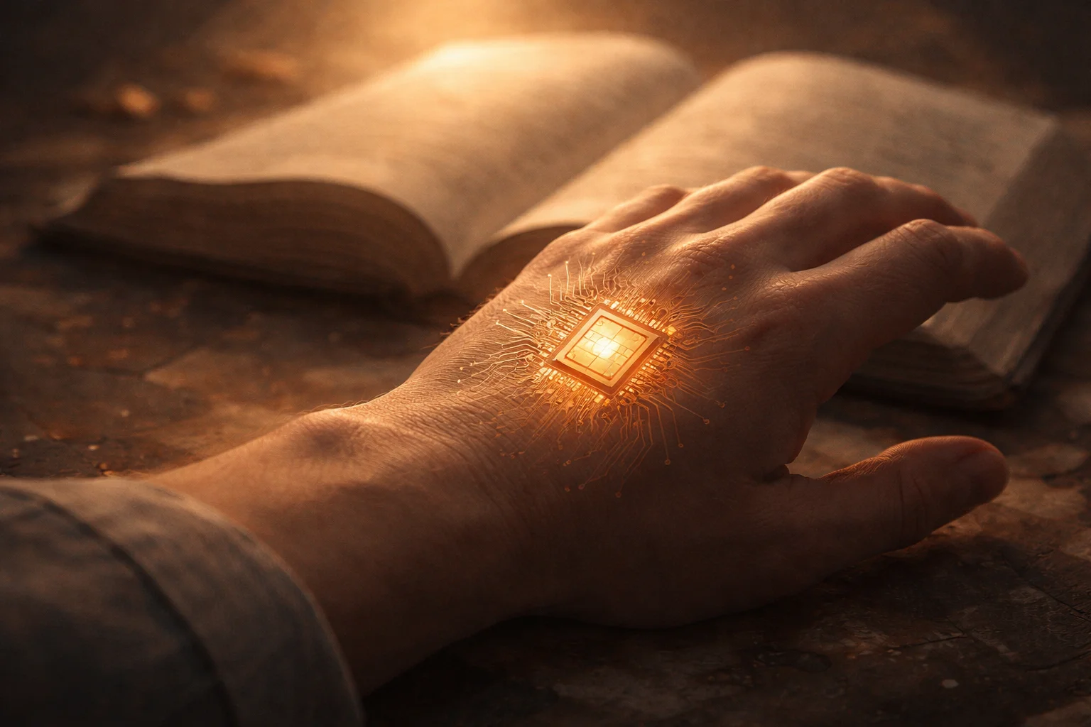 Mão humana com símbolo tecnológico luminoso sobre a pele diante de um texto antigo, representando a reflexão bíblica sobre a marca da besta e o Apocalipse 13